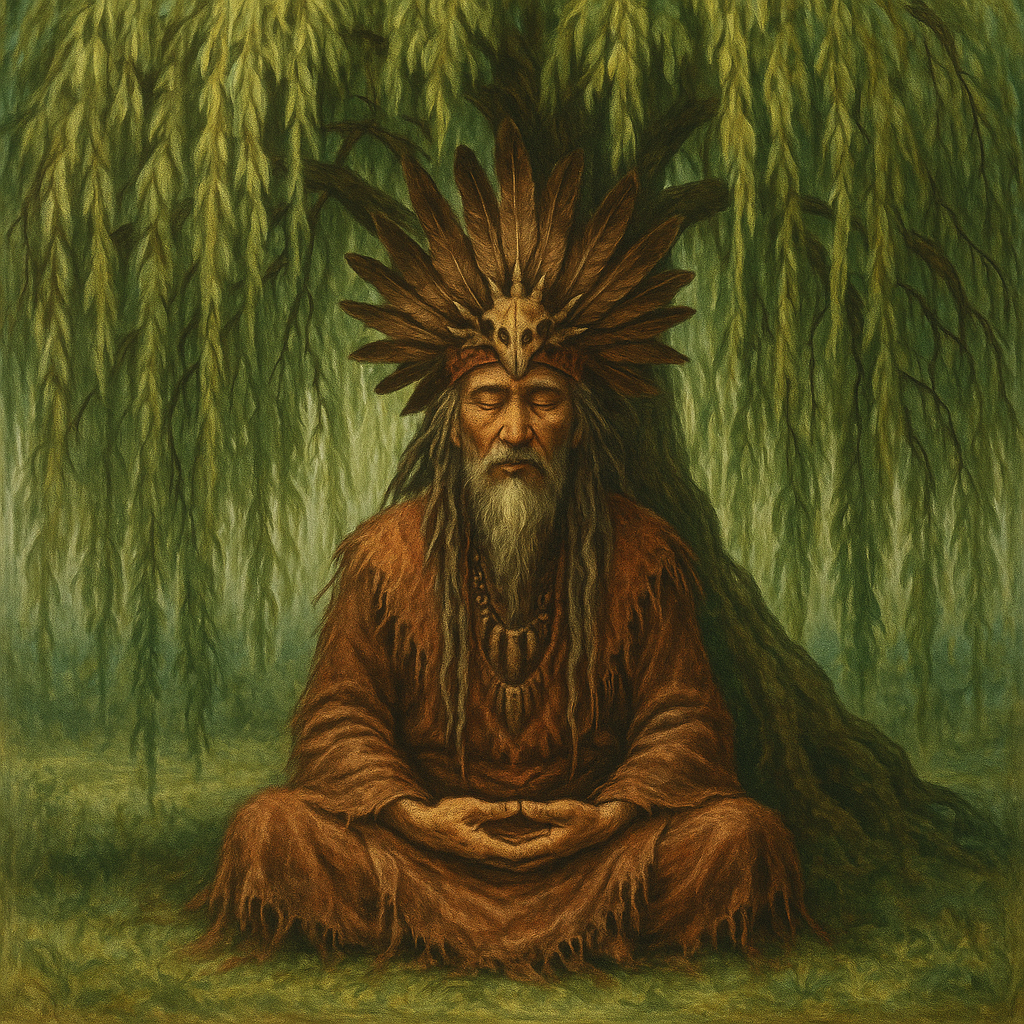 meditierender Schamane mit großem federkopfschmuck sitzt unter einer grünen Trauerweide