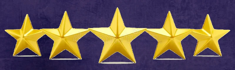 Five gold stars in a row on a dark purple background, representing a five-star rating.