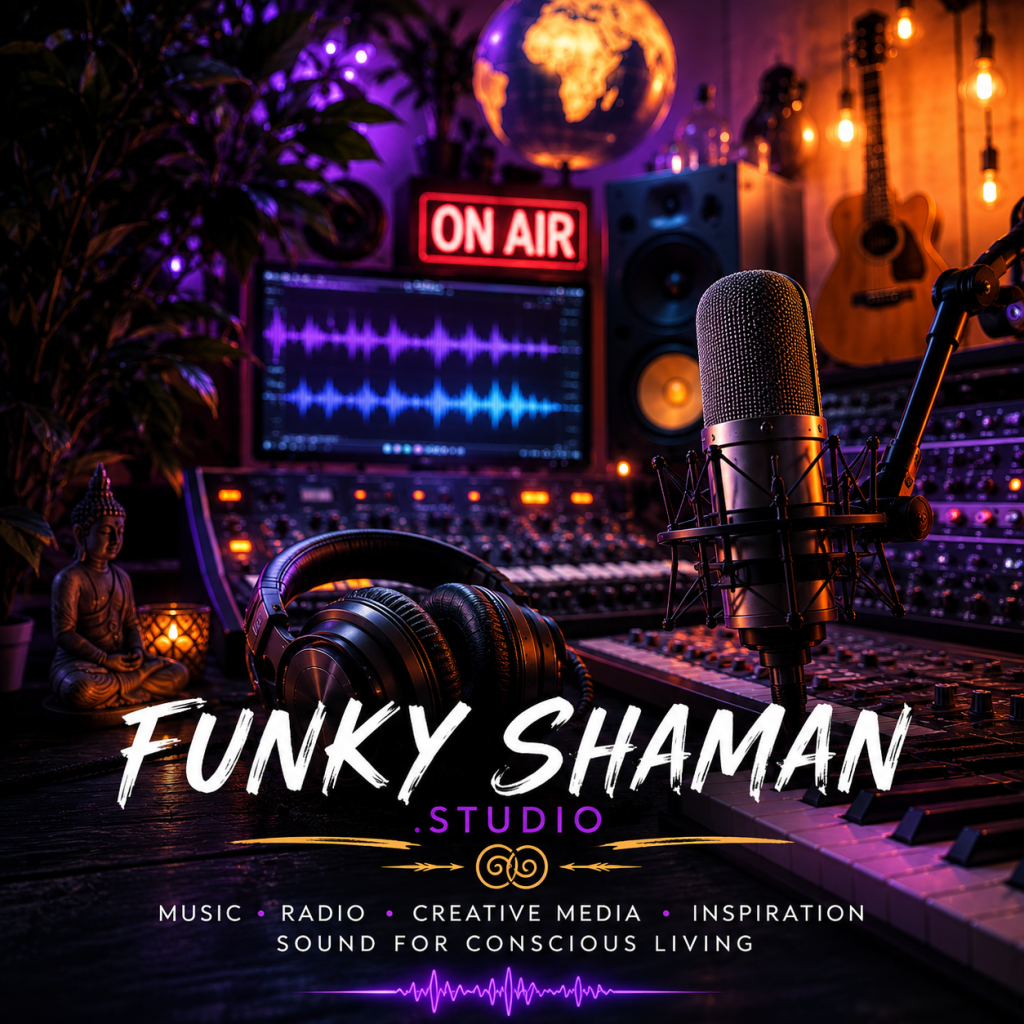 Microphone on a stand with headphones and a mixing console in a purple-lit studio, an ON AIR sign and globe in the background (promo image). Best for Funky Shaman Studio.