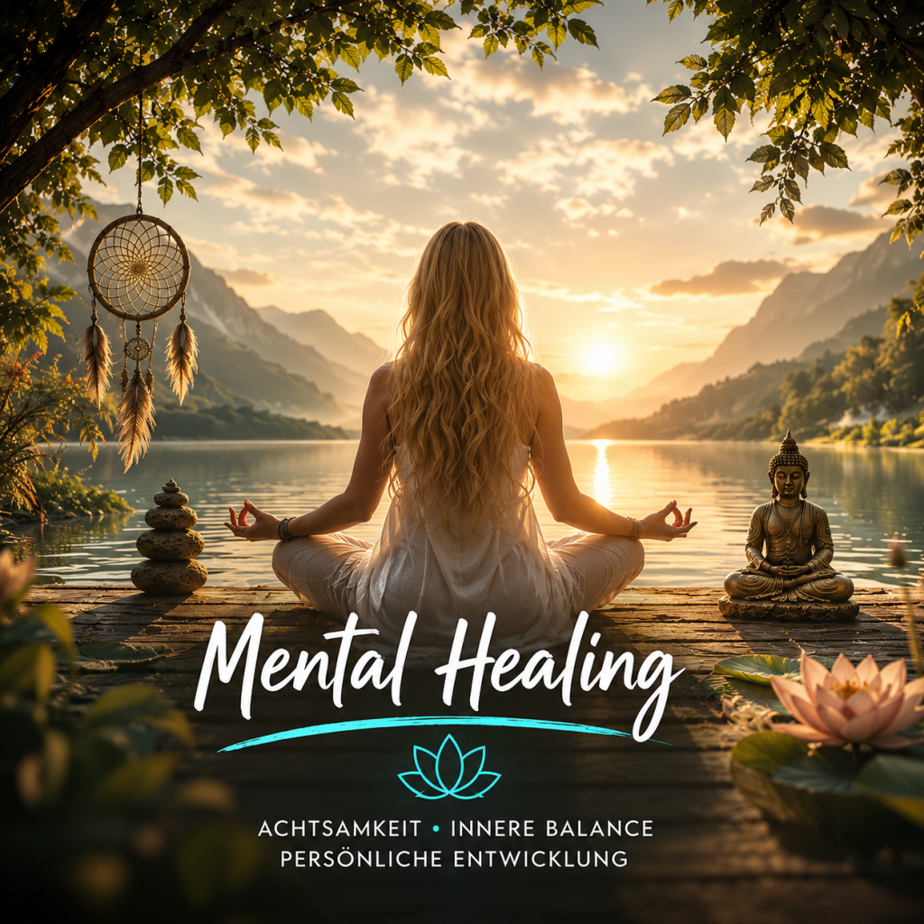 Person meditating cross-legged on a dock at sunset by a tranquil lake, with a Buddha statue and a dream catcher nearby, promoting mental healing and inner balance