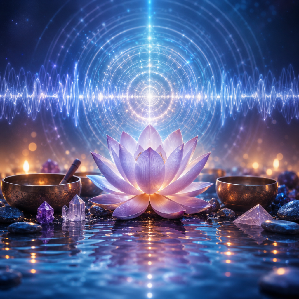 ChatGPT Image 5 Juni 2026 13_37_43 - Inspiration für Körper, Geist und Seele. Luminescent lotus resting on water with crystals and bowls, surrounded by blue-purple energy rings and soft glow.