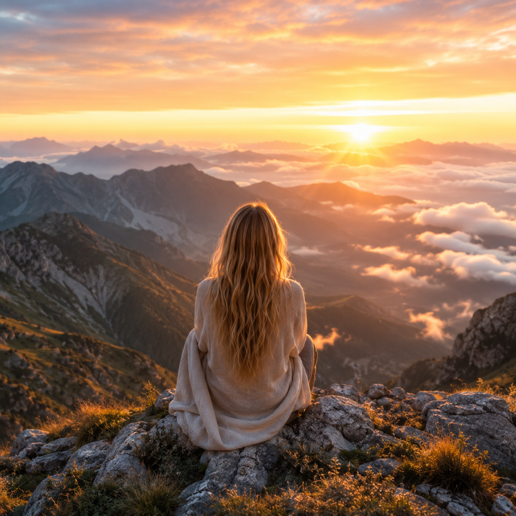 ChatGPT Image 5 Juni 2026 13_39_30 - Inspiration für Körper, Geist und Seele. Person with long blond hair sits on a rocky mountain edge, watching a sunset over clouds and distant peaks.