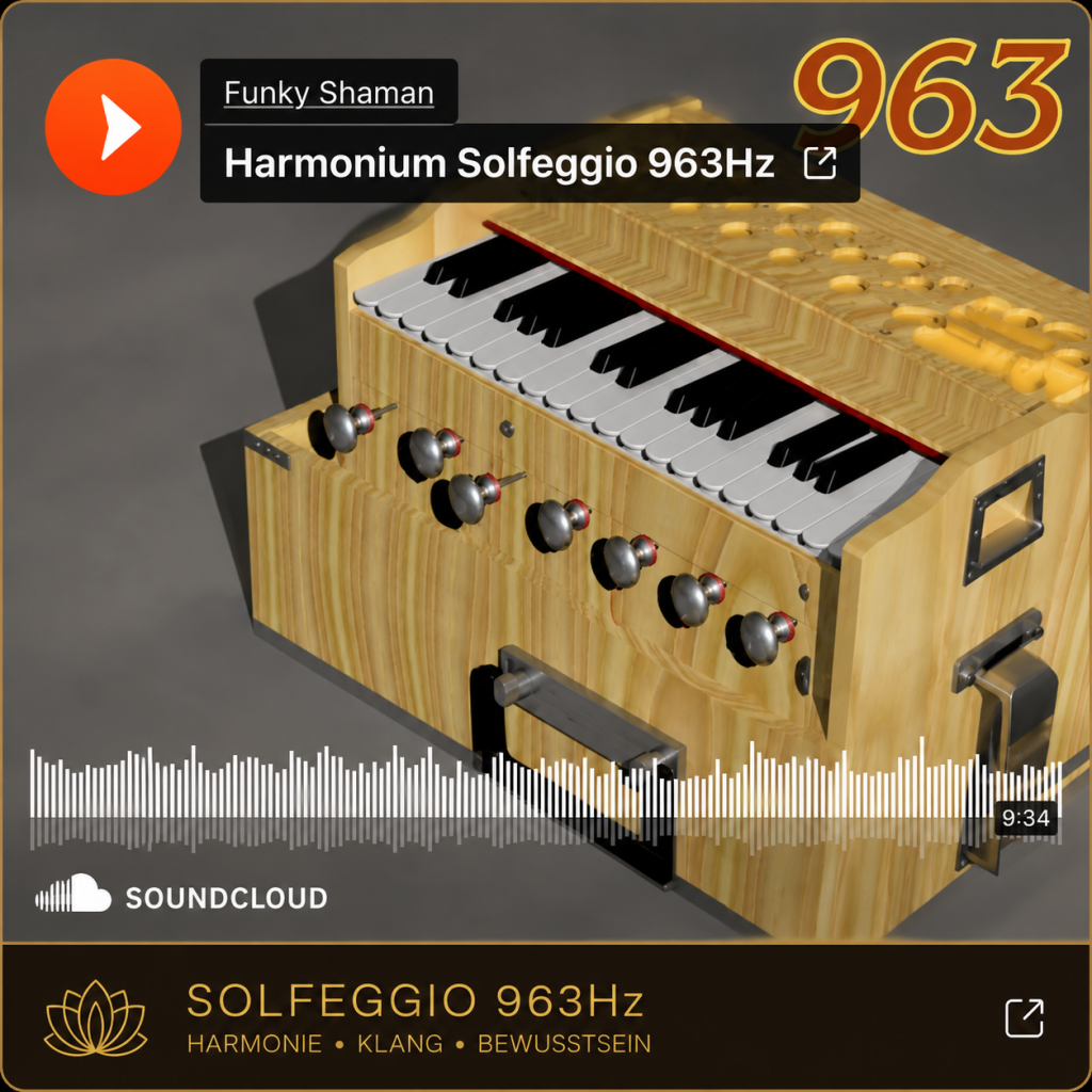 Wooden keyboard-like instrument with knobs and keys, labeled Solfeggio 963Hz Harmony, shown as a SoundCloud track cover with a 9:34 timer and waveform overlay