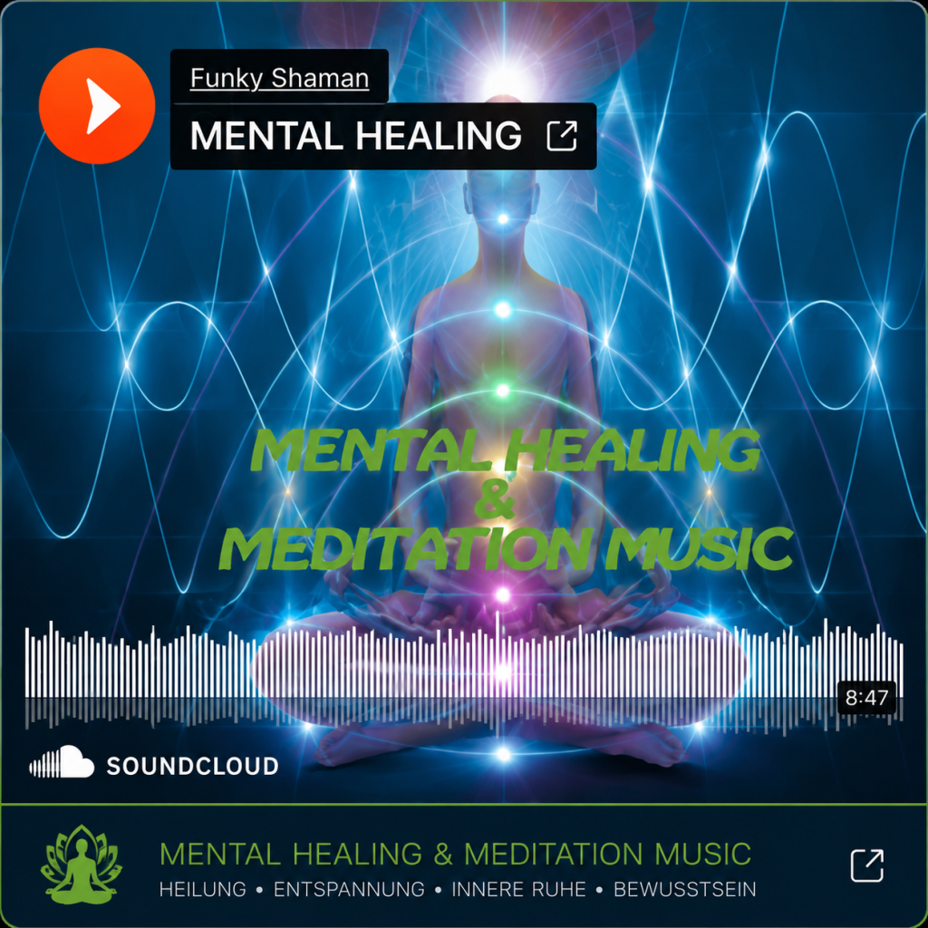 Album cover for 'Mental Healing' meditation music showing a meditating figure with glowing chakras and neon energy waves.