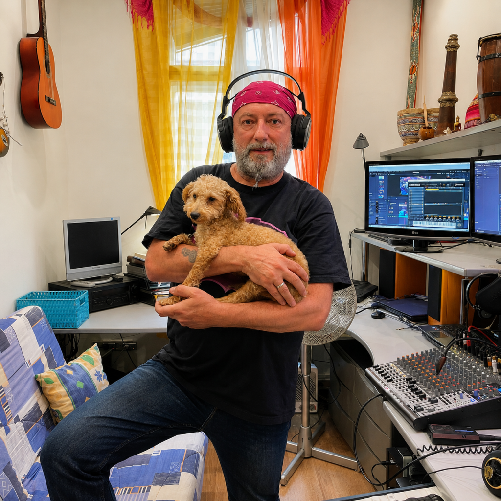 Man with over-ear headphones and a pink bandana holds a small curly-coated dog in a home recording studio with guitars, monitors, and a mixing console nearby.