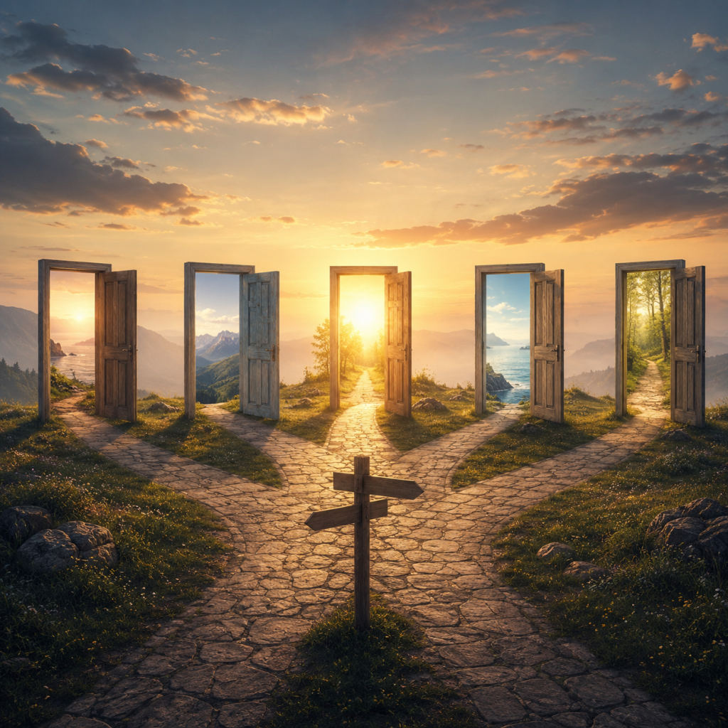 ChatGPT Image 5 Juni 2026 23_21_01 - Inspiration für Körper, Geist und Seele. Multiple wooden doors in a row along stone paths; each opens to a different landscape at sunset—mountains, sea, forest—symbolizing life’s choices.