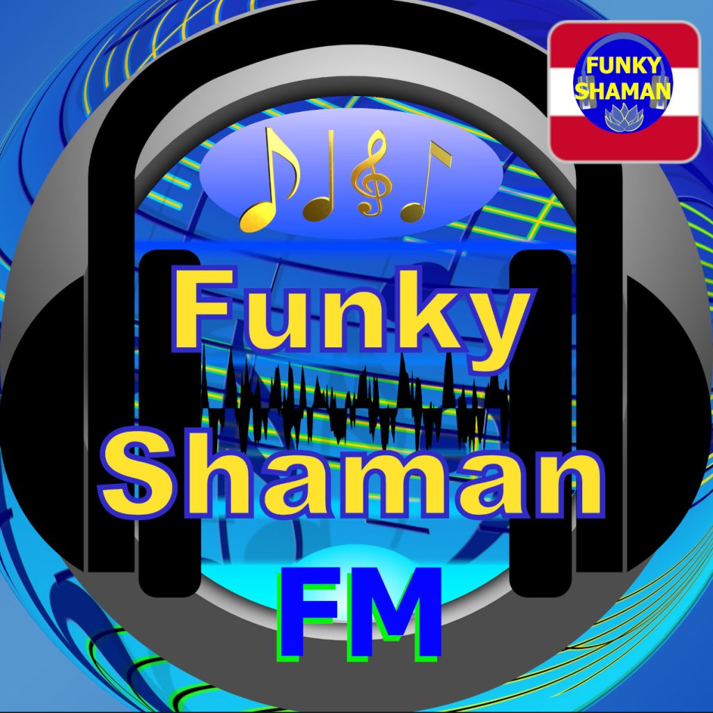 Logo for Funky Shaman FM featuring large headphones, music notes, and bold yellow text 'Funky Shaman' on a blue background.