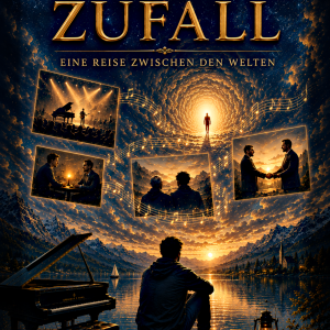 Book cover for 'Mehr als Zufall' showing a silhouetted man by a piano on a lake, surrounded by floating photos and golden light in a starry night sky, author Christian Kössler.